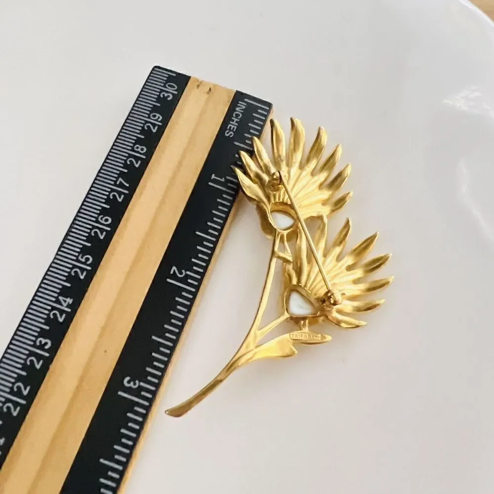 Vintage TRIFARI Brooch Scottish Thistle Stem Pearl Gold Plate Huge Flower 1346